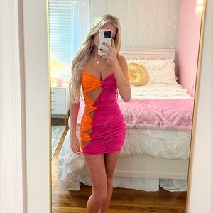 miami club beach party bodycon cutout contrast hot pink and orange mini dress
